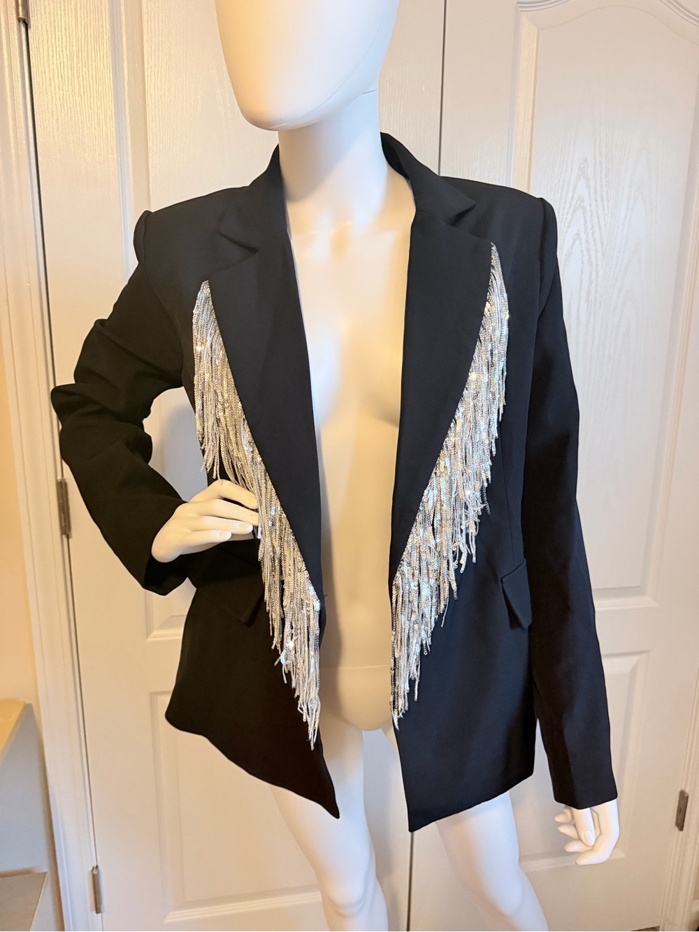New MainStrip Black Blazer with Silver Fringe Trim Size M